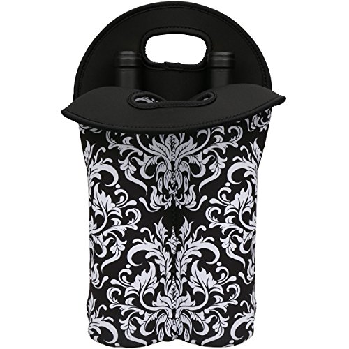 2-Bottle Insulated Neoprene Wine/Water/Beverages Bottle Tote Wine Carrier Picnic Cooler Bag (Black Flower) - Thumbnail 6