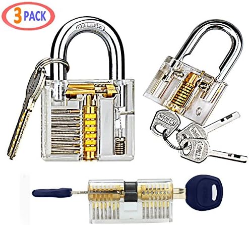 3-Pack Practice Training Lock Set for Locksmith Beginner - Transparent Cutaway Crystal Keyed Padlock / Clear Lock Picking Practice Tools by Baleauty