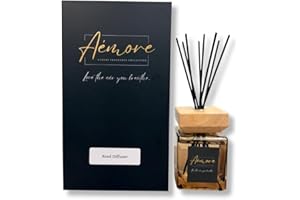 Aémore Luxury Reed Diffuser Set, Elegant Home Fragrance with Wooden Lid, Natural Bamboo Fiber Sticks, 14cm Height, 9cm Width,