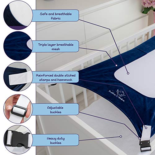 Buddies & Babies Baby Crib Hammock - Safety Crescent Mimics Womb Hanging Bed for Newborns - Best Infant Bed Sleeping with Mesh Support and Adjustable Straps - Great Baby Shower Gift Blue