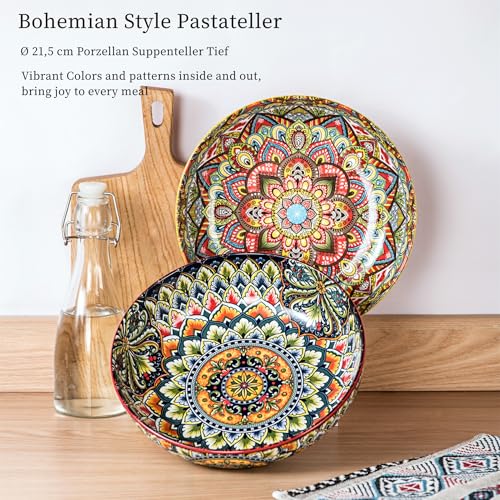 Henten Home Juego de platos hondos de pasta, 2 platos hondos de colores, 1500 ml, cuencos multiusos para sopa, fideos, espaguetis, pasta, ensalada, serie Mylo, estilo boho