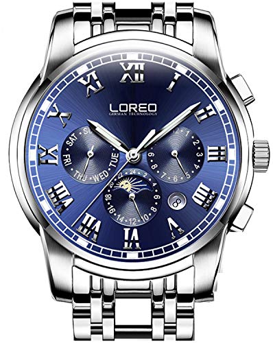 LOREO Mens Automatic Multifunction Silver Stainless Steel Sapphire Glass Waterproof Blue Men's Watch