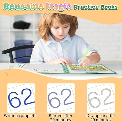 Large Grooved Handwriting Practice Books, 5-Pack Reusable Magic Copybooks with Pencil Grips, Tracing Books for Kids Ages 3-8, Preschool Kindergarten Learning Activities, Alphabet and Number Workbook
