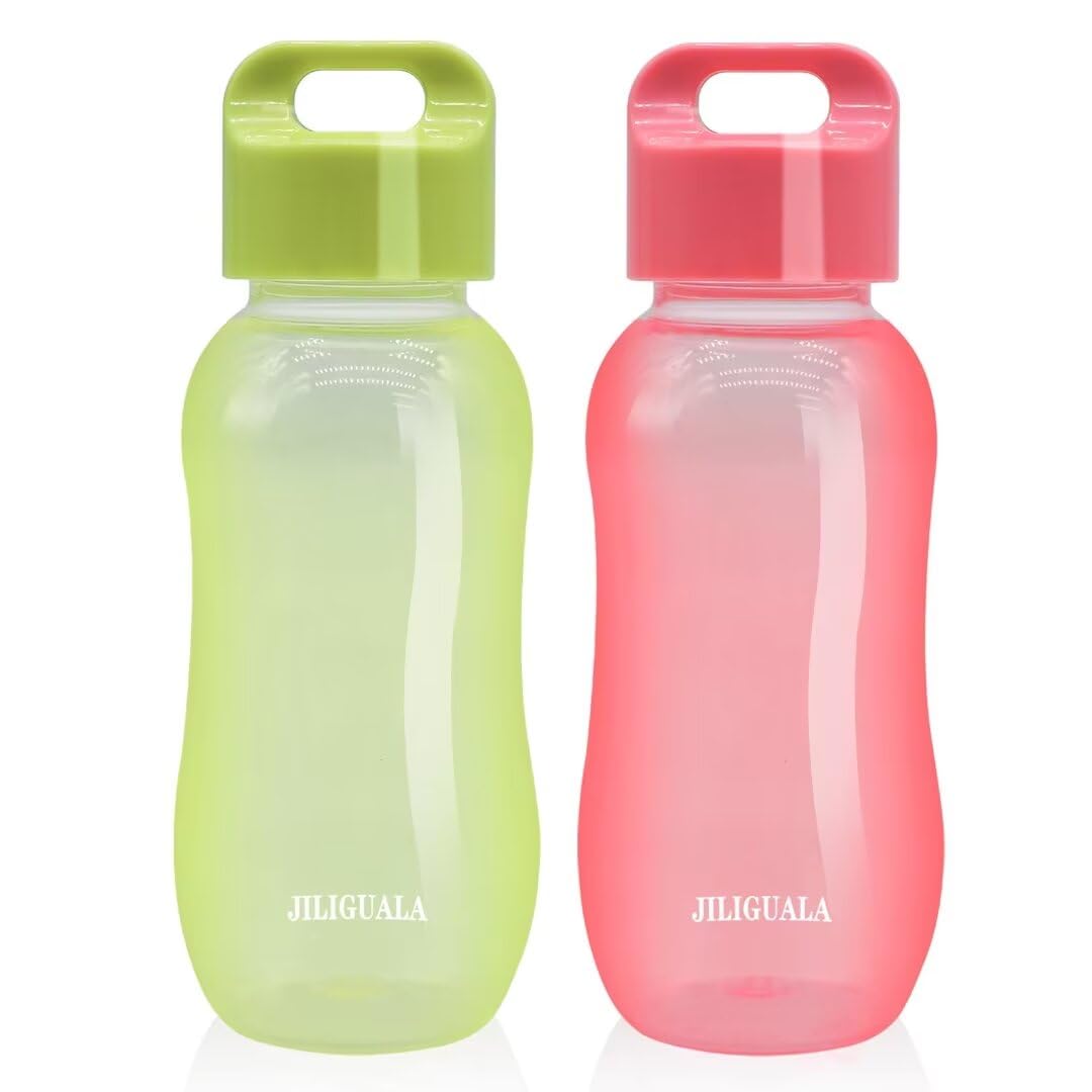 JILIGUALA Plastic Coffee Travel Mugs Water Bottle Sports Water Bottle Cup for Milk, Coffee, Tea, Juice Size 350ml (12oz), Green&Pink Pack of 2