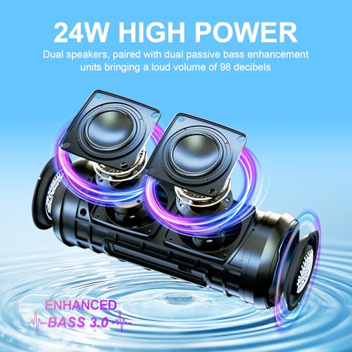 YOLOEMOT T13 Portable Bluetooth Speaker, 24W Stereo Sound Deep Bass, IPX7 Waterproof, 12H Playtime, Bluetooth 5.3, TWS Pairing, RGB Light for Shower Camping Beach Outdoor (Black)