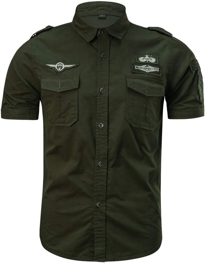 Men's Quick Dry UV Protection Casual Fashion New Military Style Cotton Short Sleeve Loose Button Down T-Shirt Tops with Pockets Embroidery