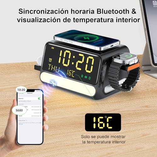 Soporter Cargador Inalámbrico 7 en 1 con Reloj y Luz Nocturna, Estación de Carga Rápida 33W para iPhone 17/16/15/14/13/12, Apple Watch, AirPods y Samsung S26 S25 Ultra Watch