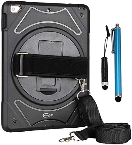 Cellular360 Drop Proof Case for iPad 9.7 2018 2017, iPad 6th Gen, iPad 5th Gen Car Headrest Mount Case with a 360 Degree Rotatable Kickstand, Adjustable Handle and Shoulder Strap (Black)