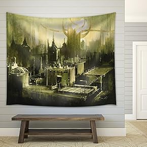 Illustration Painting Showing Skylines and Sunset of Dark City - Fabric Wall Tapestry Home Decor - 51x60 inches