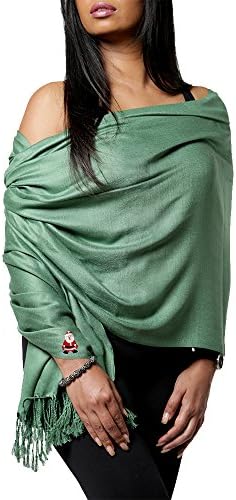 Opulent Luxury Women Soft Cashmere Scarf Shawl Embellished with Santa Claus Green 80" x 30"