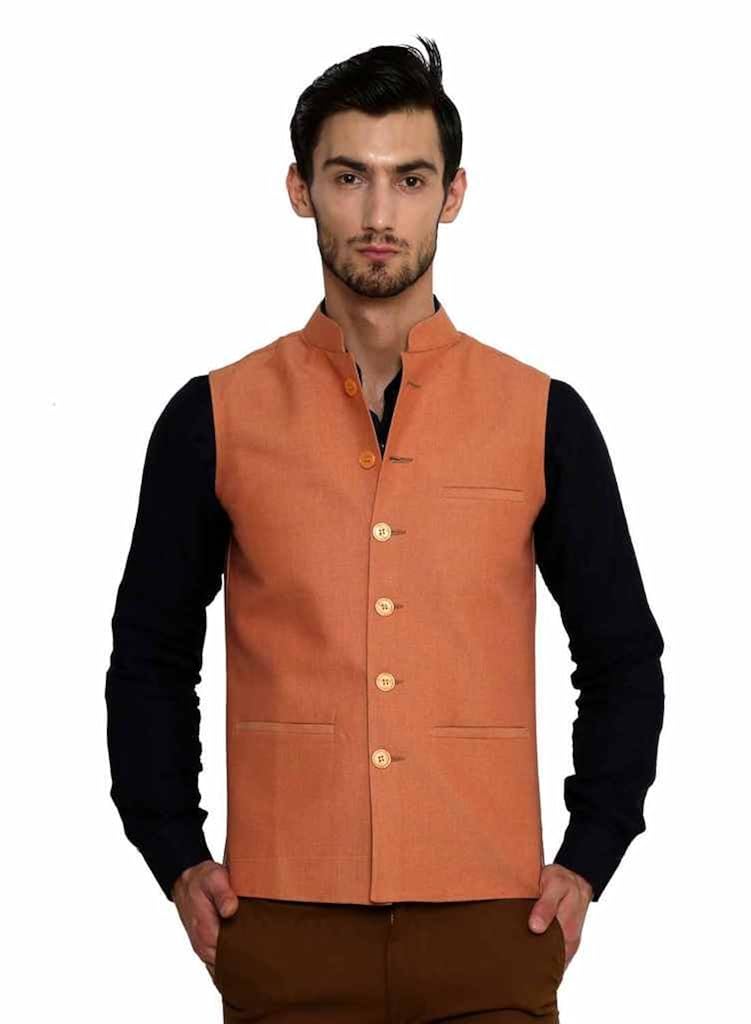 dhrohar khadi cotton peach chinese collar waistcoat for men