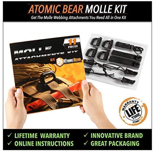 The Atomic Bear Kit of 11 Attachments for 1" Webbing Molle Bags, Tactical Backpack, Tactical Vest - 4 Grimlock Locking D-Ring Carabiner Clips - 4 Molle Elastic Strings - 2 Straps 4" MOD Tac Tie