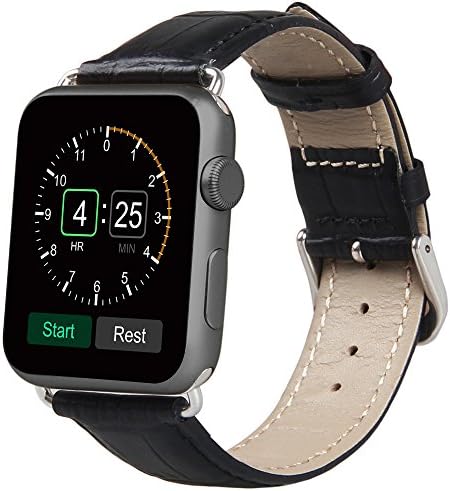 42mm Genuine Leather Alligator Pattern Strap Watch Band Bracelet Replacement Wristband with Stainless Steel Adapter Metal Clasp for Apple Watch Series 3/2/1, 42 MM -Black