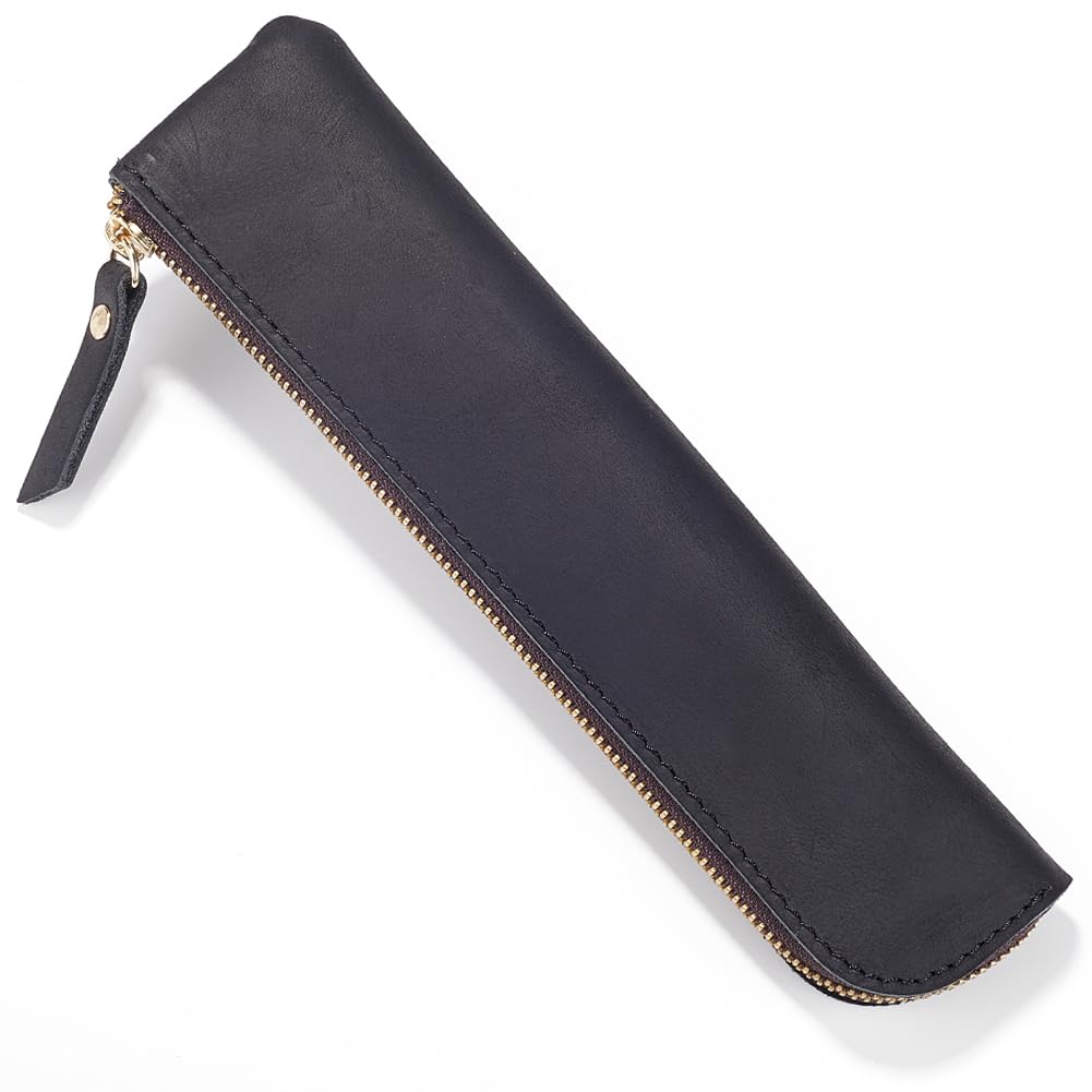 GORGECRAFT Slim Crazy Horse Genuine Leather Pencil Case Portable Zippered Pen Case Ultra Slim Soft Pen Bag Retro Minimal Cosmetic Pouch Pencil Coins Organizer Stationery Bag Adults Gift, Black