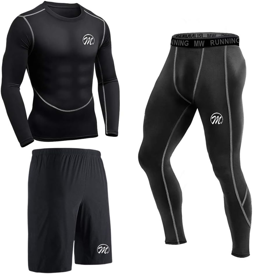 meeteuMen’s 5pcs Gym Sports Fitness Set Quick Dry Workout Clothing Long Sleeve Baselayer Shirt+Hoodies+ Running Leggings+ Short Sleeve T-Shirt+ Compression Short