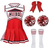 Colorful House 5-Piece Cheerleading Outfit for Kids - Complete with Top, Skirt, Pom Poms(3-4Y,Red)