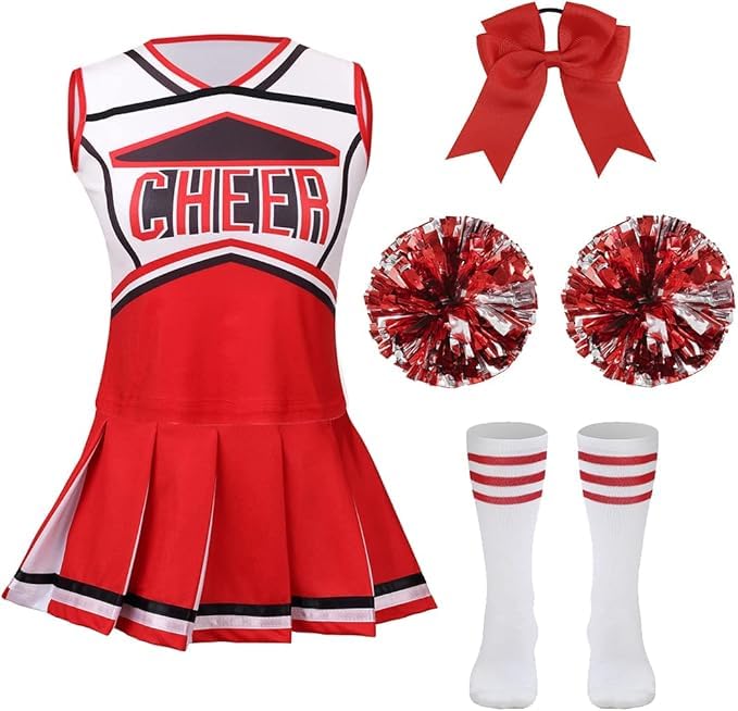 Photo 1 of LMYOVE Classic red 5-Piece Cheerleading Set for Kids - Includes Top, Skirt, Pom Poms, Headband, and Socks?6-7Y