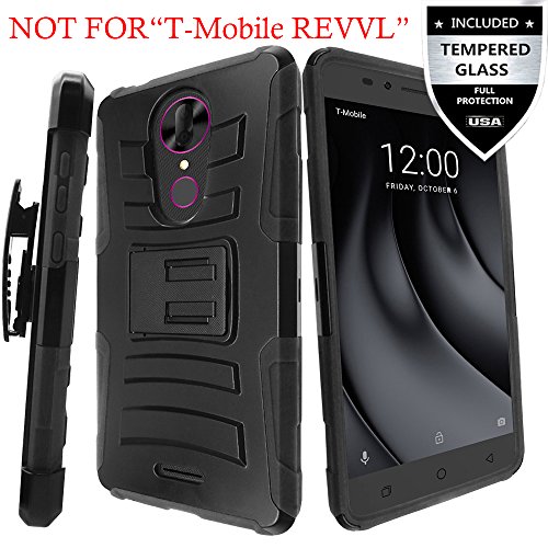 T-Mobile REVVL Plus Case With Tempered Glass Screen Protector,IDEA LINE(TM) Heavy Duty Armor Shock Proof Dual Layer Holster Locking Belt Swivel Clip with Kick Stand - Black