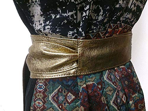 image for Lishow Fashion Woman's Metallic Gold Leather OBI Sash Wrap Tie Plus Si