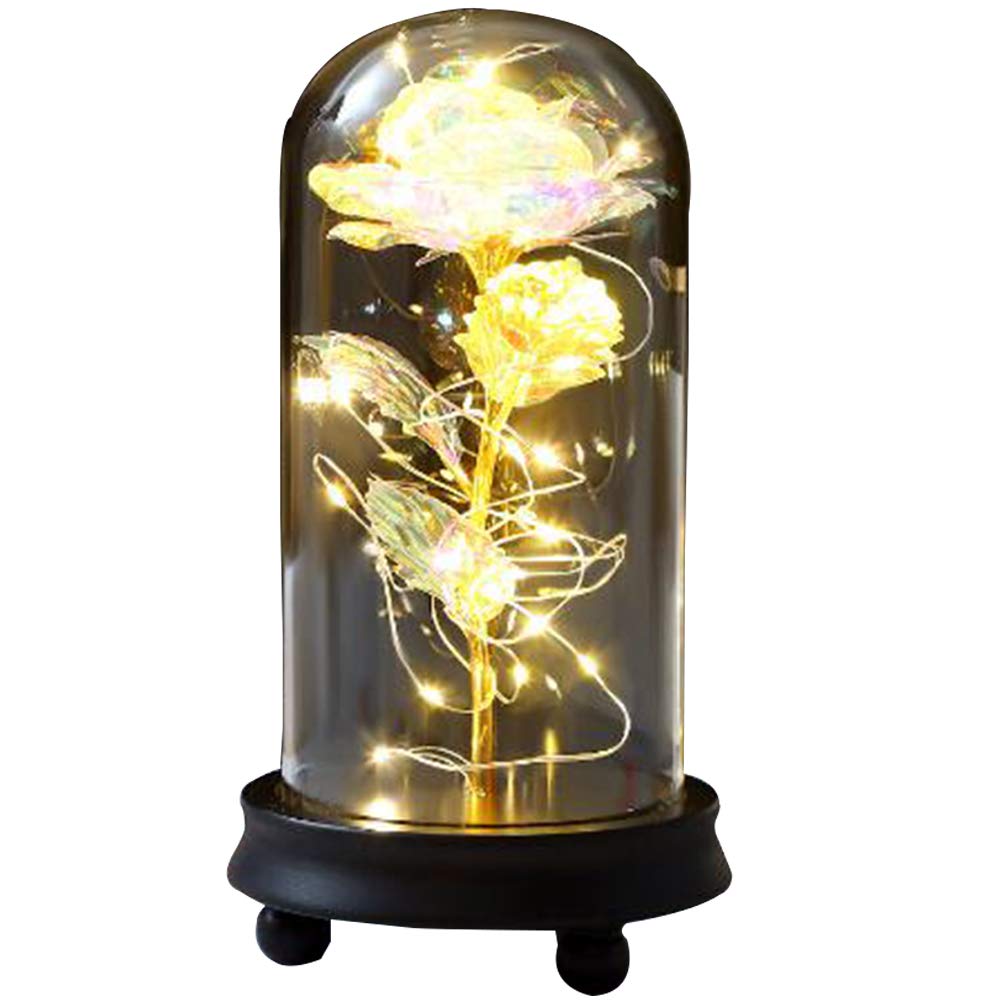 Valentine's Day Rose Flower Light Gold Leaf Glass Lampshade Led Warm Light With Handmade Artificial Suitable For Wedding Decoratio Get Together DIY Gifts For Couples' Anniversary (Transparent color)