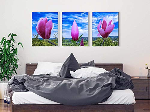 Wall Art Canvas Painting Purple Magnolia Flowers on The Branch Print Picture Modern Home Decor Painting for Living Room（12x16inch x3pcs）