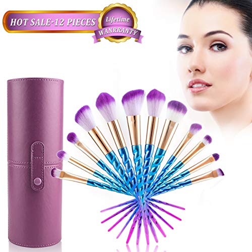 Unicorn Makeup Brushes Set 12pcs Professional Makeup Brushes with Color Bristles Foundation Face Eyebrow Eyeliner Eye-Shadow Brush Cosmetic Conceler Brushes Kit Tool with Case Holder for Women Girlc