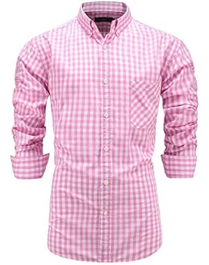 Mens Slim Fit Long Sleeve 100% Cotton Plaid Button Down Dress Shirt