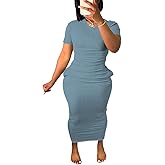 Women's Casual Short Sleeve Dress T Shirt Bodycon Dresses Ribbed V Neck Maxi Sundress Basic Party Club Dress with Pocket