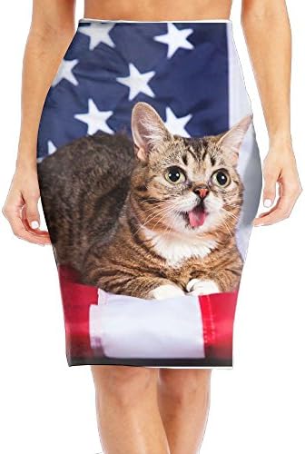 WANING MOON Women's Cat and American Flag High Waist Slim Skirt Office Pencil Dress for Women Length
