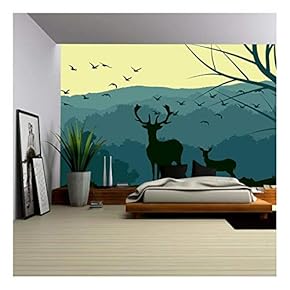 Horizontal Abstract Banners of Wild Animals (Deer, Wolf) in Hills of Forest with Trunks of Trees in Green Tone. - Removable Wall Mural | Self-Adhesive Large Wallpaper - 66x96 inches