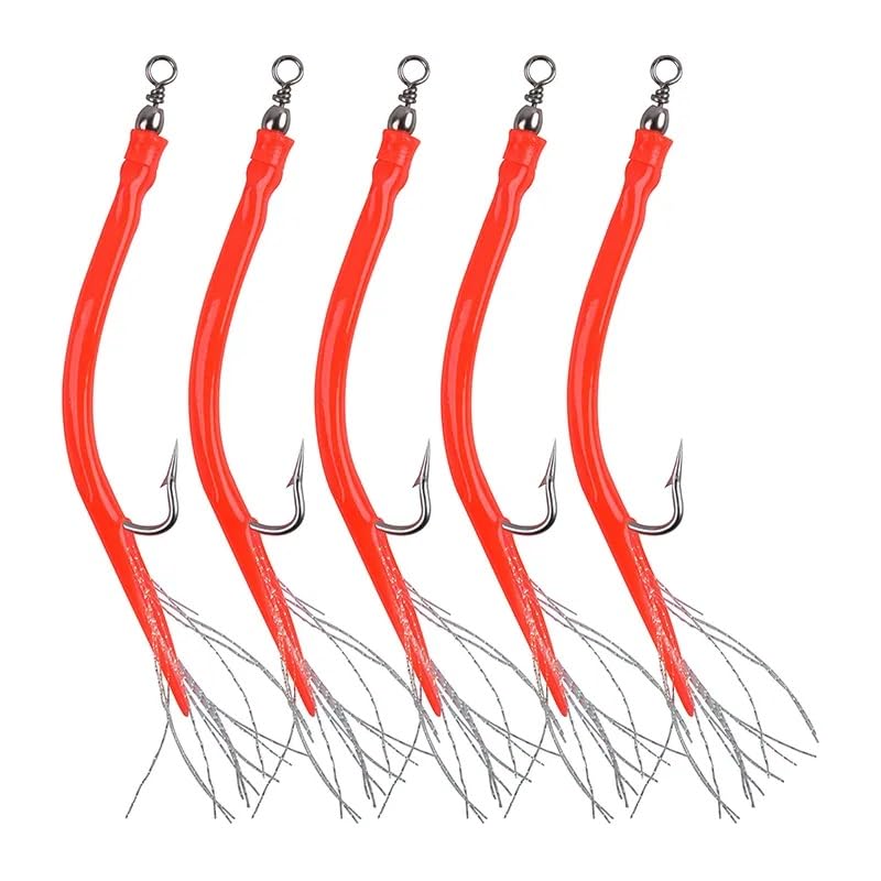 EVERBAY Soft Fishing Lures Tube Lure Sand Eel Baits Sea Fishing with Stainless Steel Hook and Barrel Swivel Saltwater Rigs for Bass Cod Pollock Haddock Fishing Gear Gift, 4/0 Red, 5pcs/Set