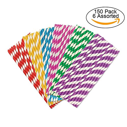 Rainbow Color Stripe Paper Drinking Straws 7.75 Inches 150 Pack