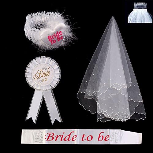 Glitter Rhinestone Bride To Be Lace Sash and Tiara Kit - Bridal Wedding Tiara with Veil Tattoo Bundle Garter and Rosette Badge for Bachelorette Party Accessory Kit and Wedding Bridal Shower Supplies