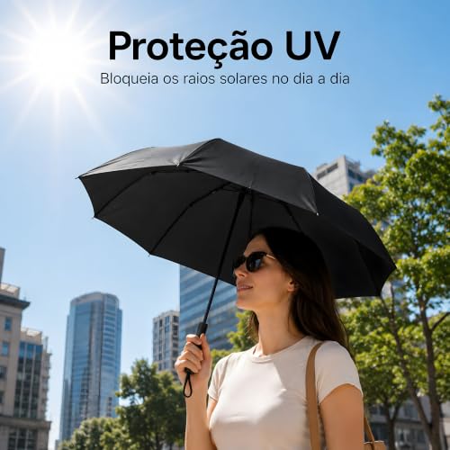Guarda-Chuva preto Dobrável BF Brasil Forte – Manual, Compacto, 7 Varetas de Fibra de Vidro, Proteção UV, Resistente ao Vento, Leve para Uso Diário