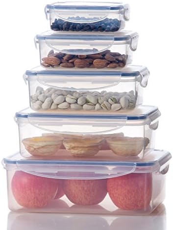 Bellaware Plastic Food Storage Container with Airtight lids, Stackable Lunch Bento Box Set of 5, Blue