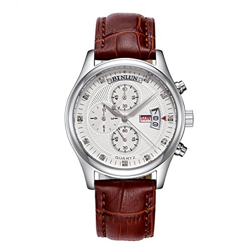 BINLUN Chronograph Watches for Men Outdoor Military Sports Multi-Functional Wrist Watch Waterproof Brown Leather Quartz Watches with Day Date