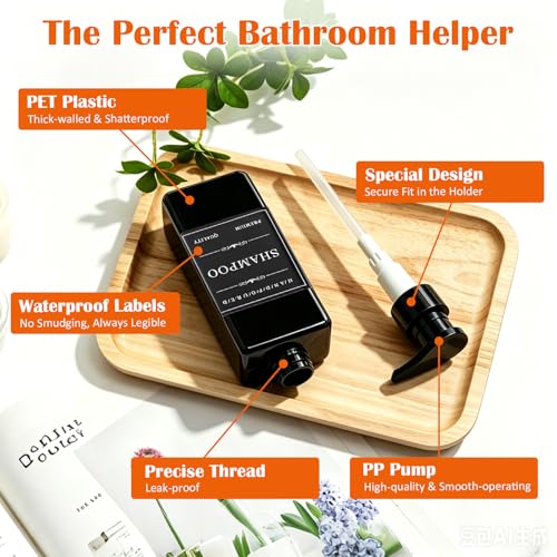 Prebarfun 5Pack Shampoo and Conditioner Dispenser, 500ml Wall Mounted Soap Dispenser, Refillable Shower Bottles, Plastic Pump Bottle with Funnel, Waterproof Labels, for Bathroom, Kitchen,Hotel (Black)