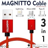 Type-C,Magnetic Charger Cable MAGNITTO USB to Lightning+USB C+Micro 3 in 1 Multiple 2.4A Quick USB Charging Cable for Android & iPhone X 8 7 6 6s 5s plus iPad Samsung Galaxy S6 S7 S8 plus Lg G5 G6 RED