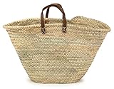Moroccan Straw Market Bag w/ Brown Leather Strip Handles, 25