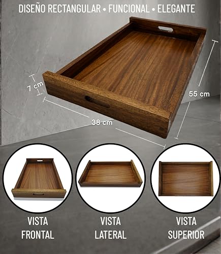 Charola de Servicio de Madera Parota 55x38x7 cm Bandeja Rectangular Grande para Desayuno en Cama Cocina Mesa Decorativa con Asas Integradas Color Nogal para Servir Alimentos Bebidas y Botanas Hogar XL