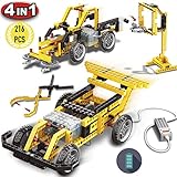 PinSpace Race Car Building Set with Electronic Motor, 4 in 1 Electric Truck Building Toy, 216 Pieces Kids DIY Engineering Kit, Street Sweeper, Gripping Pliers, Basketball Stand Building Blocks Set