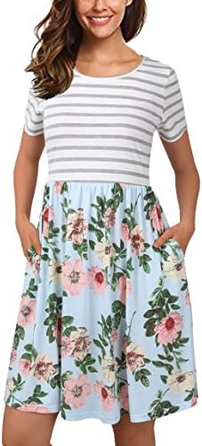 FANVOOK Women's Short Sleeve Patchwok Floral Dress Dresses with Pockets