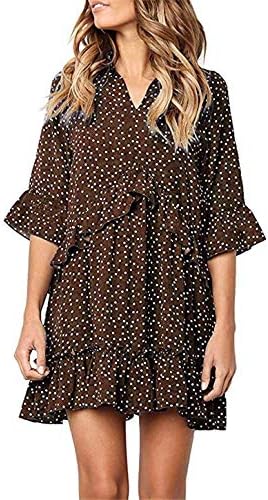 QegarTop Clearence Dress Women's Dress Summer V Neck Ruffle Polka Dot Loose Swing Casual Short T-Shirt Dress