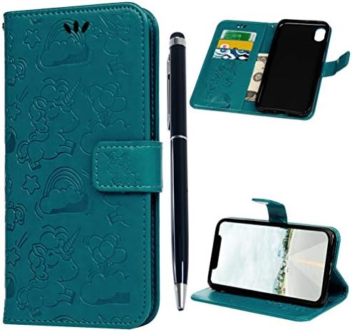 Edauto iPhone XR Case, iPhone Xr 6.1 inch 2018 Case Wallet Embossed Unicorn Leather Cover Kickstande Card Slot Shockproof Bumper Magnetic Closure Shell Skin Stylus Pen for iPhone XR 6.1'' - Blue