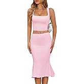 CHYRII Womens Two Piece Sets Sleeveless Squre Neck Cropped Top Bodycon Midi Skirt Midi Dress Outfit