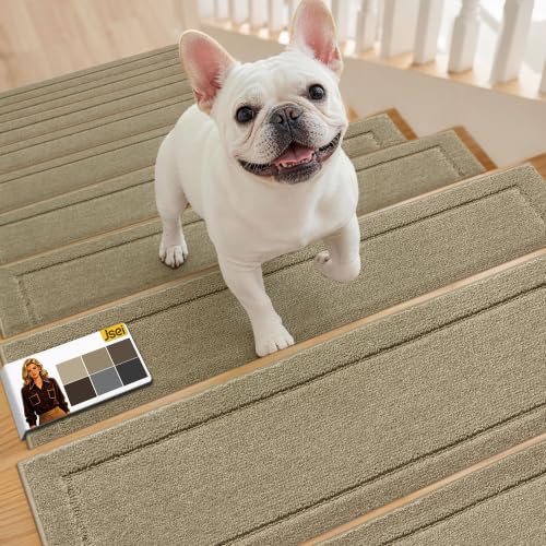 Non-Slip Stair Treads for Wooden Steps Indoor, 15 Pack 8" X 30" Edging Stair Rugs with TPE Backing,0.45" Thick Carpet Stair Treads for Kids Elders & Pets, 100% Polyester Soft Stair Runners, Beige