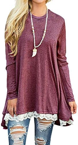 19Kenna Women's Long Sleeve Lace Patch Flared Casual Pullover Shirts Tunic Top XL Red