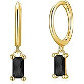 Dainty Dangle Hoop Earrings with Baguette CZ for Women Girls, Sterling Silver Small Huggie Earring with Cubic Zirconia Charm