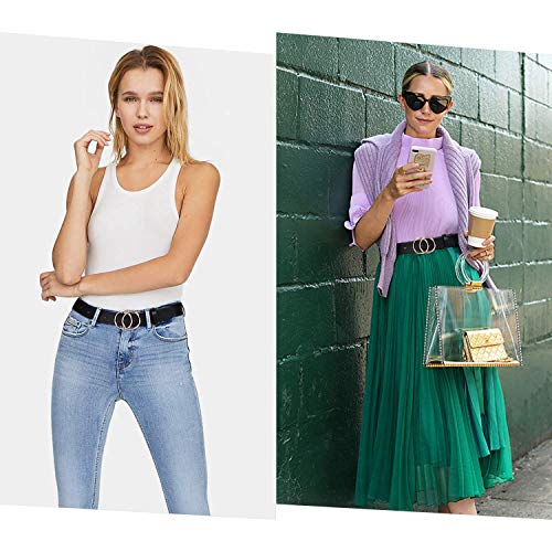 WERFORU Ledergürtel für Damen mit Goldene Schnalle Mode Doppel Rund Schnalle Gürtel Vintage Llässiger Hüftgürtel Taillengürtel für Jeans Hosen Kleider schwarz