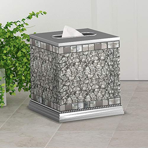nu steel IB9I Nusteel Iceberg Collection Boutique Square Paper Facial Tissue Box Cover Holder for Bathroom Vanity countertops, nightstands, desks and Tables Mosaic Glass Shiny Alum Finish, Ice